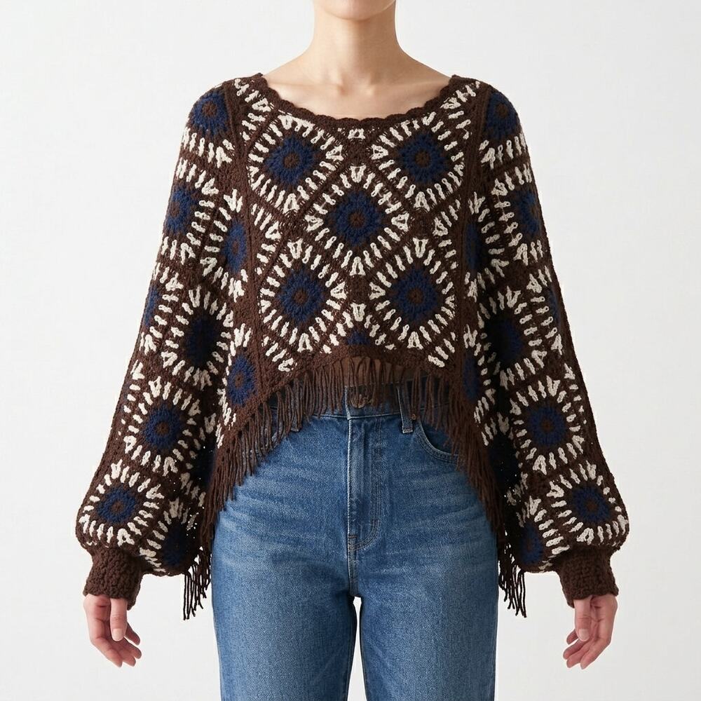 House of Harlow 1960 Granny Square Crochet Fringe Cropped Sweater brown navy OS